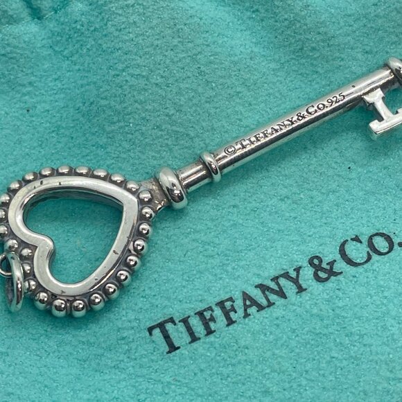 Tiffany & Co. AG 925 Sterling Silver Large Heart Key Beaded Pendant Blue Enamel - Picture 5 of 8